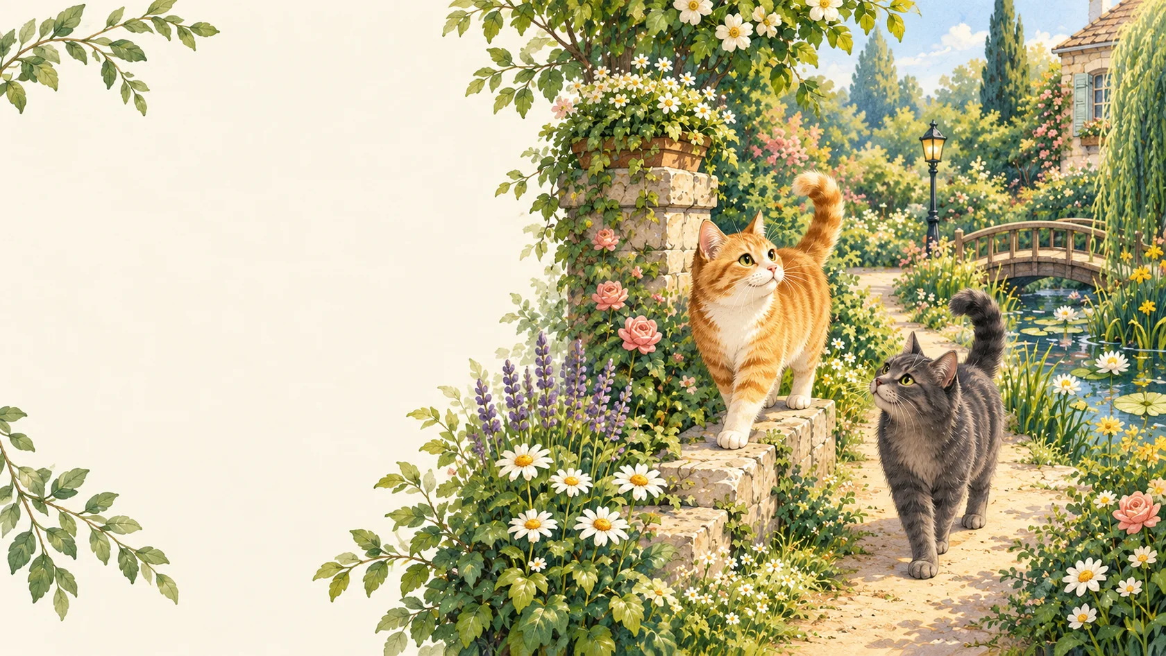 An orange tabby and a grey cat exploring a sunlit garden filled with flowers