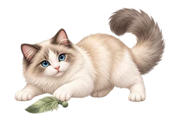 Playful cream-and-white cat reaching for a feather toy